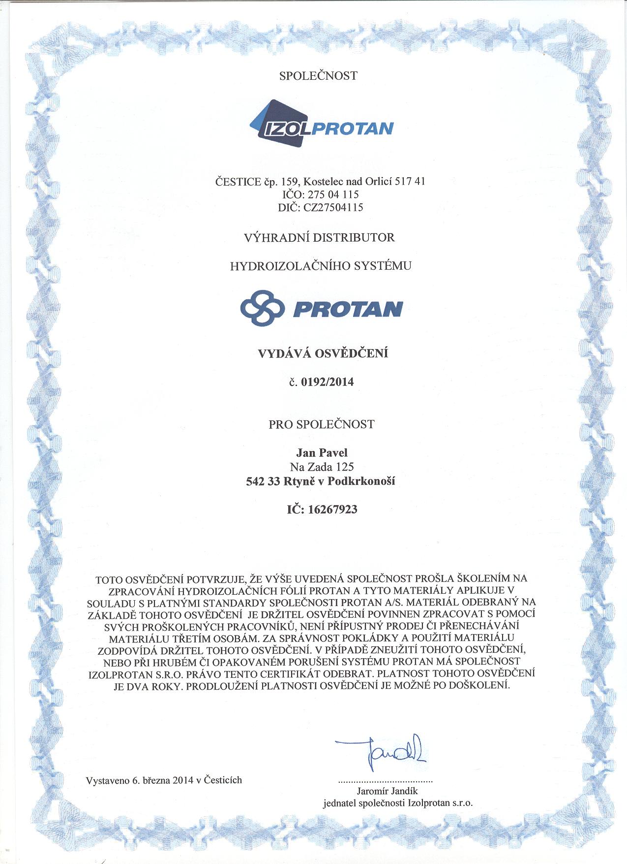 CERTIFIKÁT PROTAN 2014