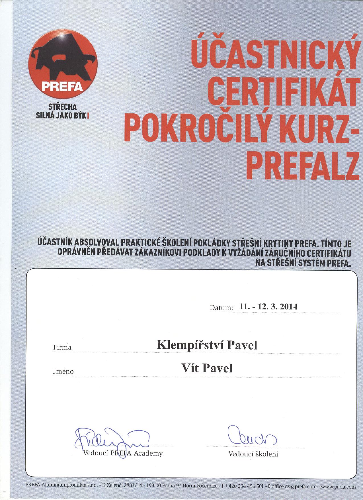 certifikát PREFA.2